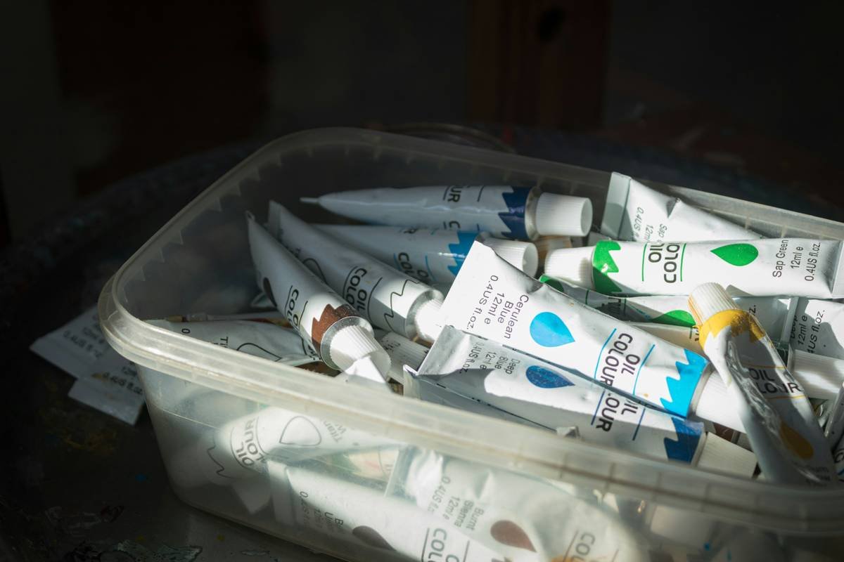 Oil paints in a clear box.